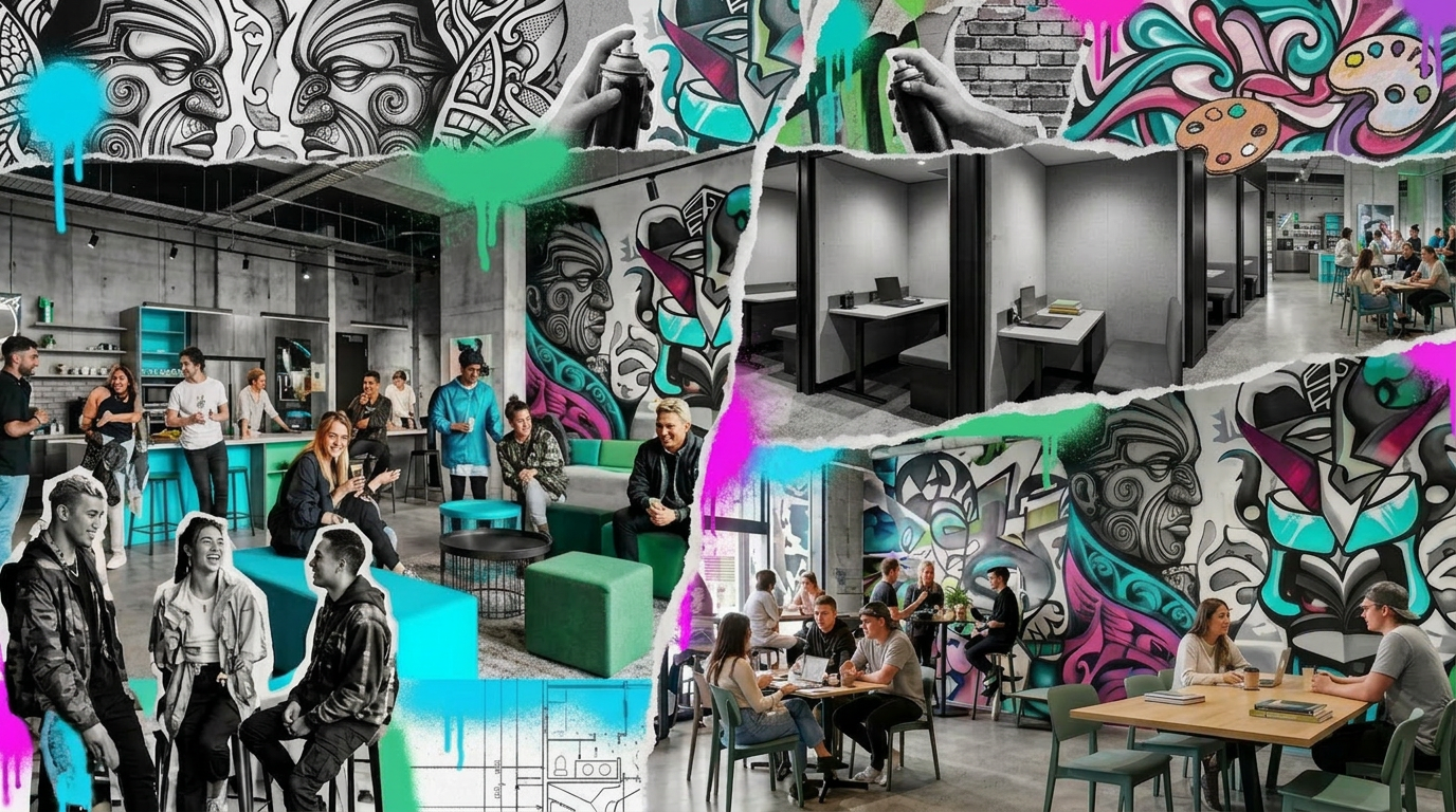 Students socializing in community space with urban art