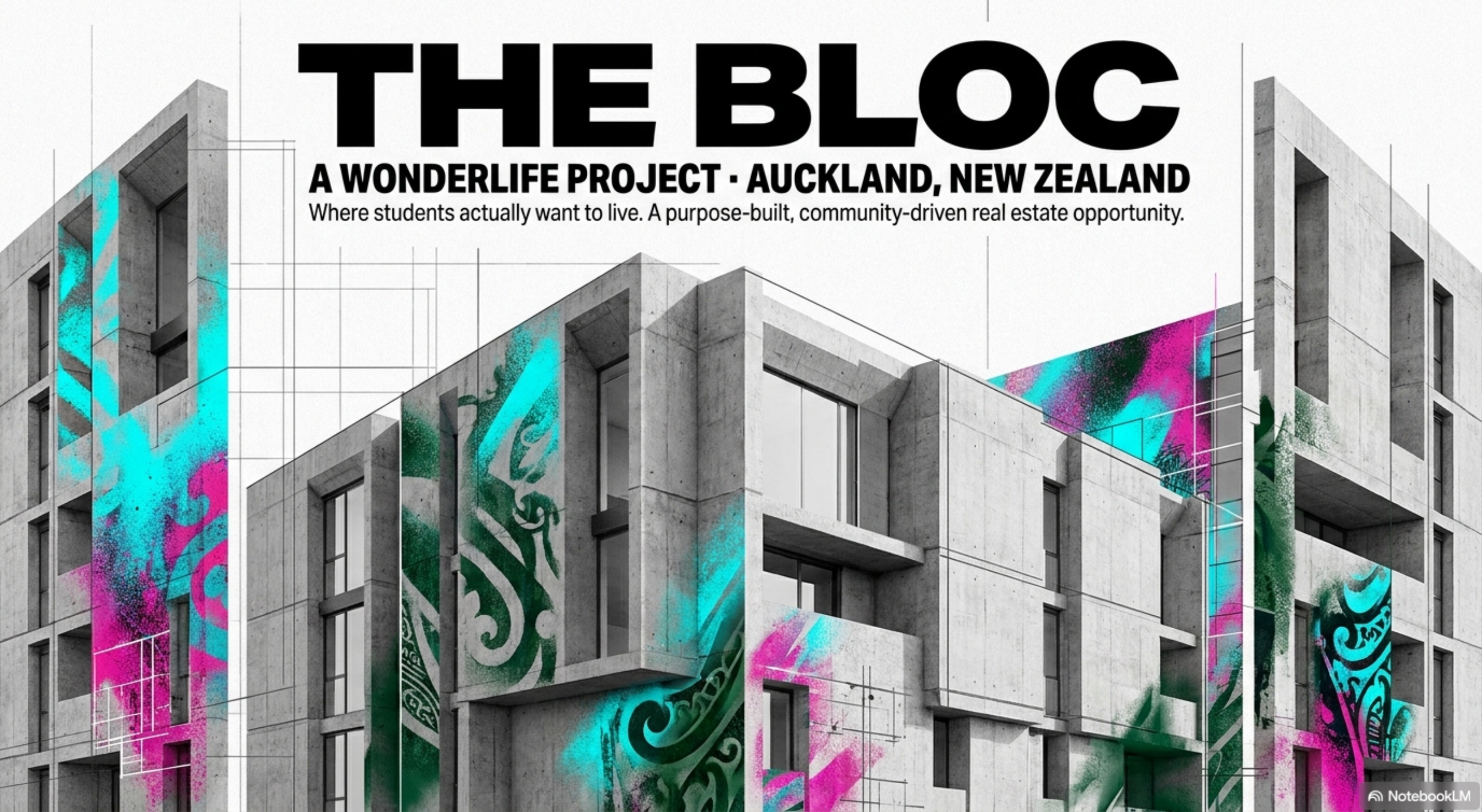 The Bloc building concept — concrete architecture with vibrant urban art