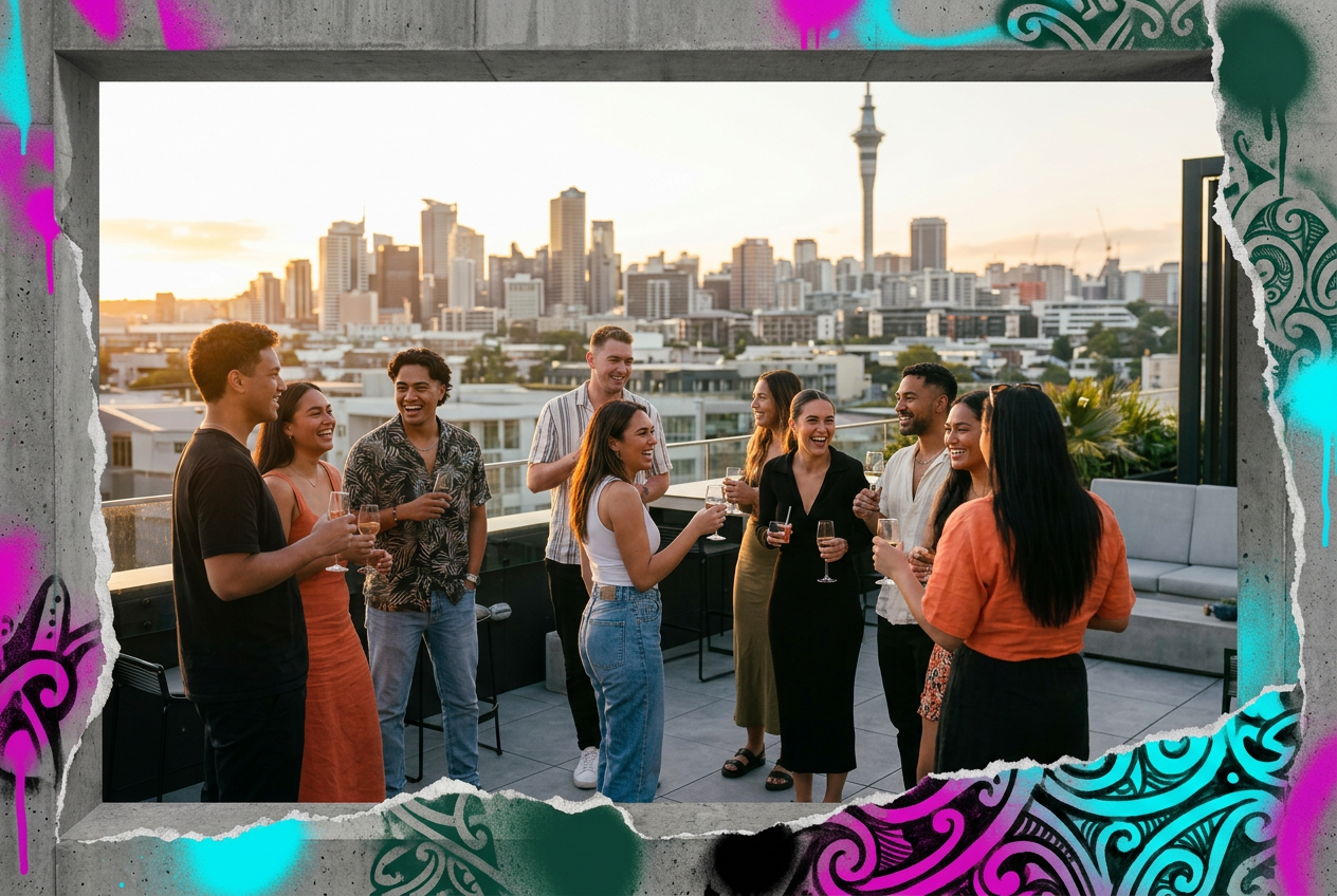 Rooftop community at sunset with Auckland skyline