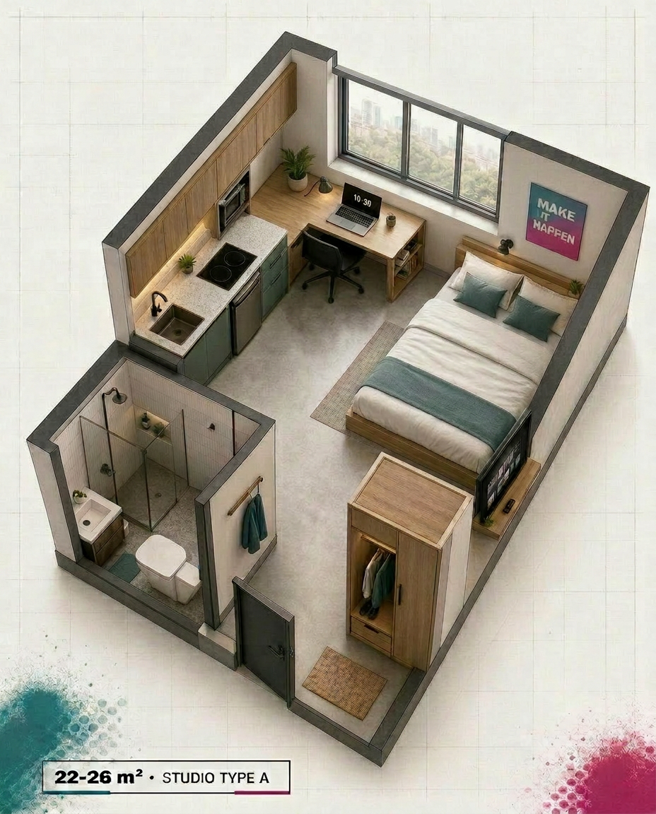 Labeled isometric diagram of a 22–26 m² studio: ensuite, kitchenette, study desk, smart TV, bed, wardrobe